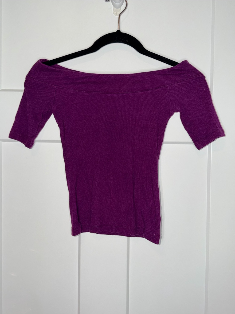 Purple Ribbed Fitted Off Shoulder Half Sleeve Top